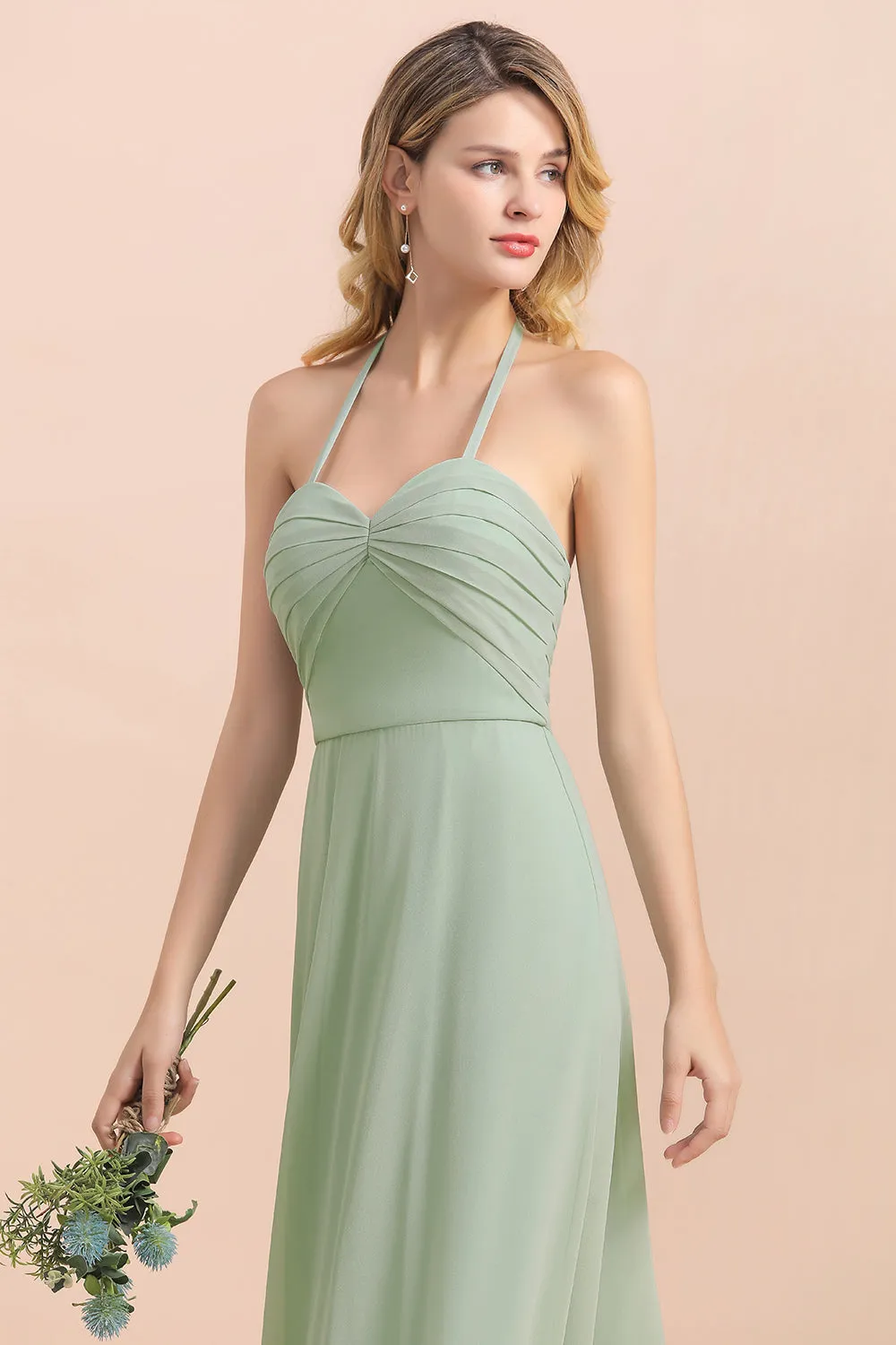 A-Line Halter Sweetheart Chiffon Sage Bridesmaid Dress Chic Long Wedding Guest Dress