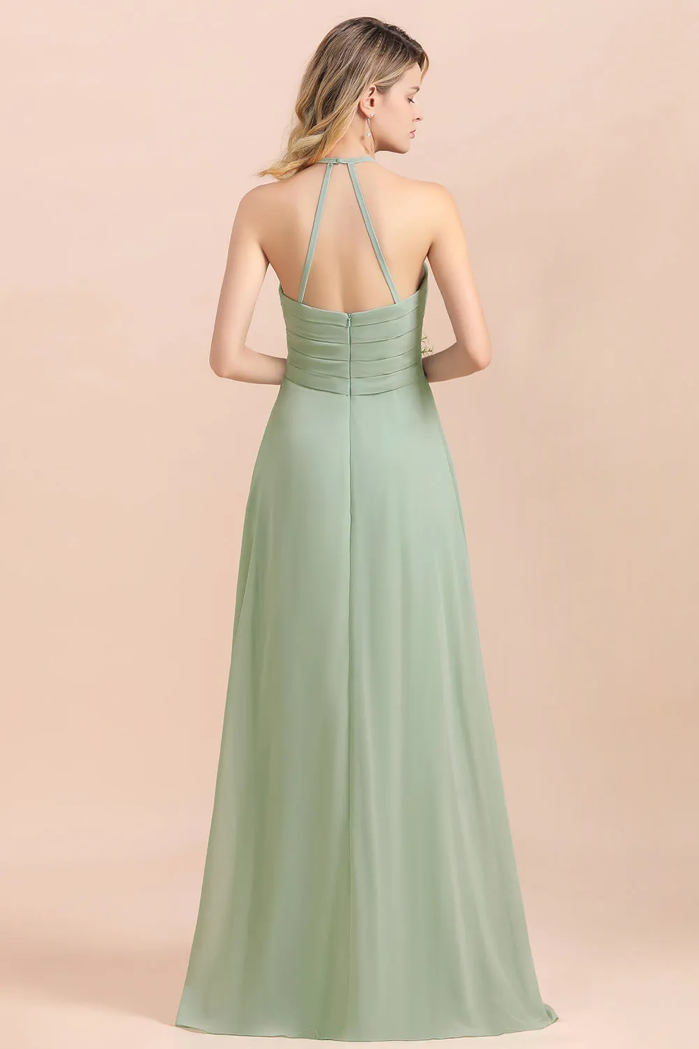 A-Line Halter Sweetheart Chiffon Sage Bridesmaid Dress Chic Long Wedding Guest Dress