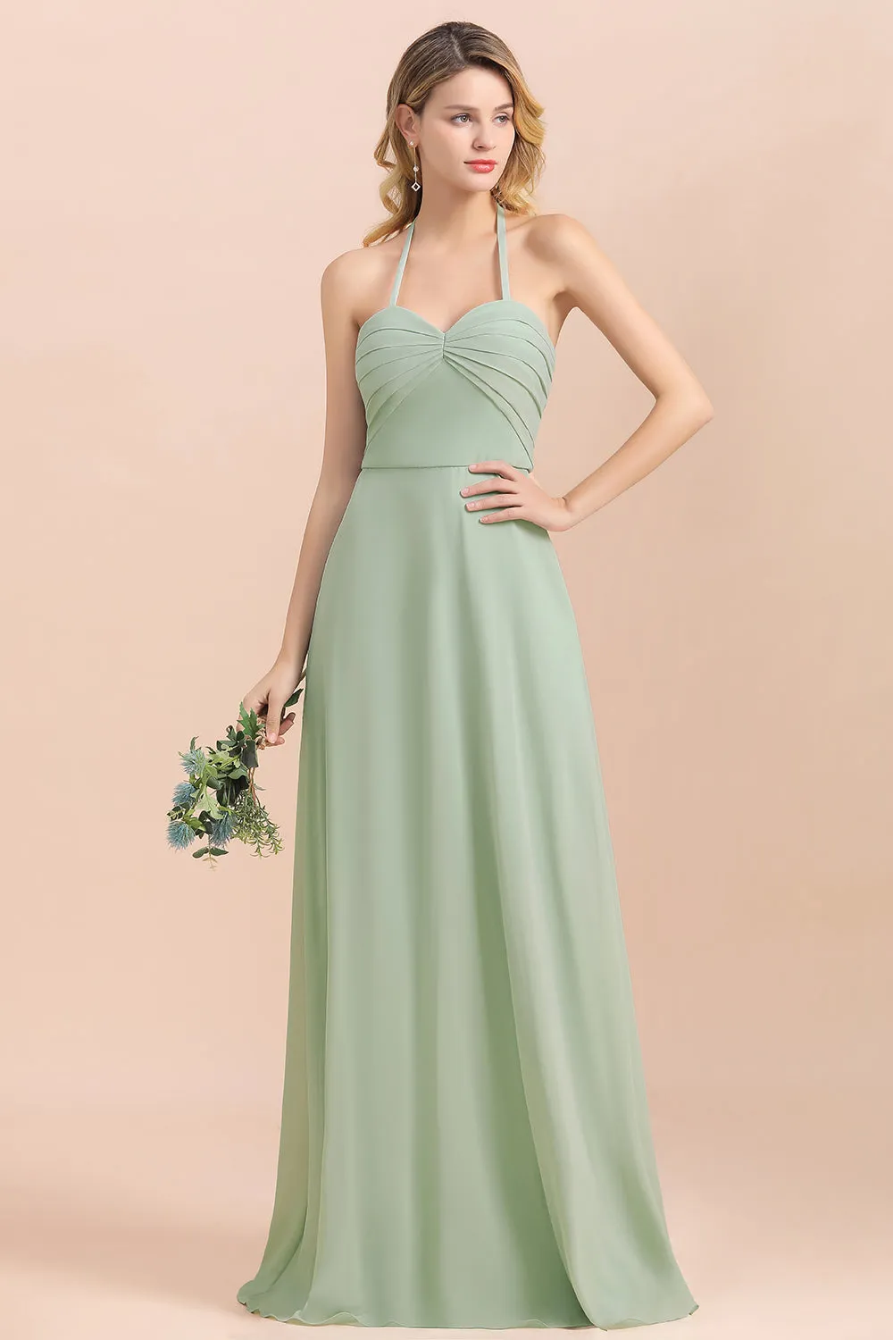 A-Line Halter Sweetheart Chiffon Sage Bridesmaid Dress Chic Long Wedding Guest Dress