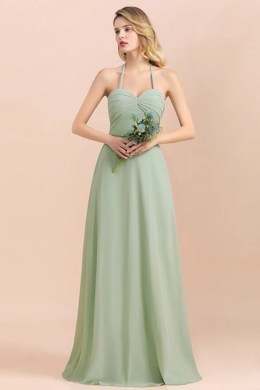 A-Line Halter Sweetheart Chiffon Sage Bridesmaid Dress Chic Long Wedding Guest Dress