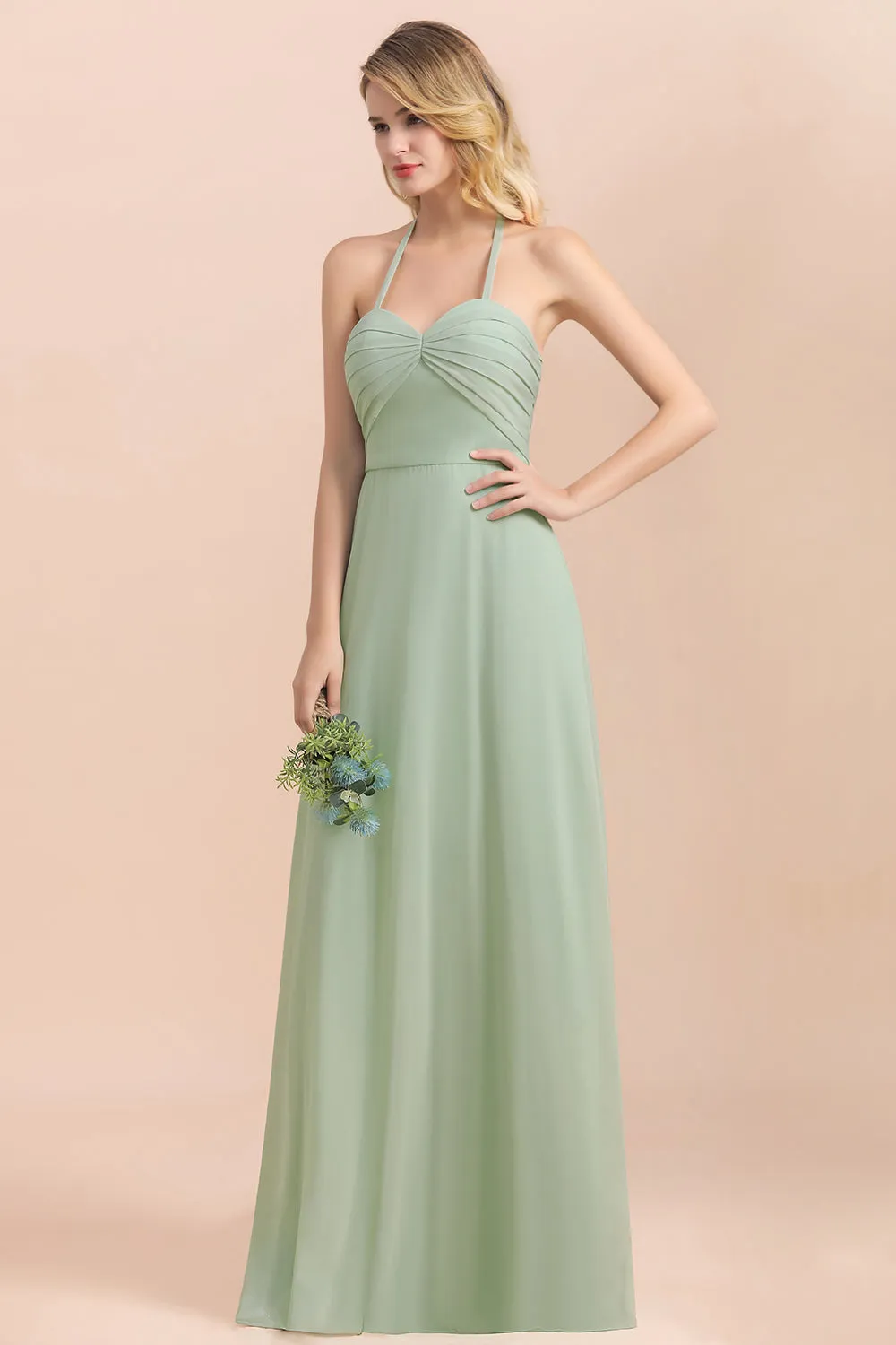 A-Line Halter Sweetheart Chiffon Sage Bridesmaid Dress Chic Long Wedding Guest Dress