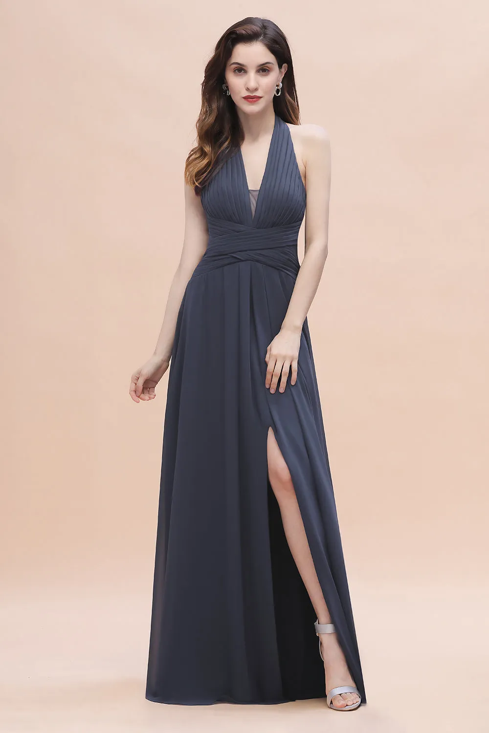 A-Line Halter V-neck Backless Chiffon Long Bridesmaid Dress with Slit