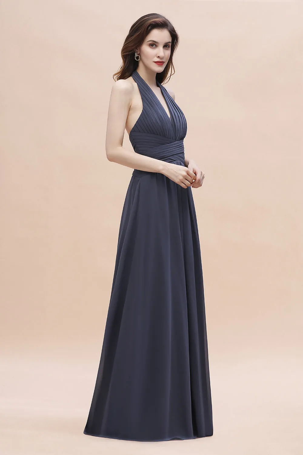 A-Line Halter V-neck Backless Chiffon Long Bridesmaid Dress with Slit