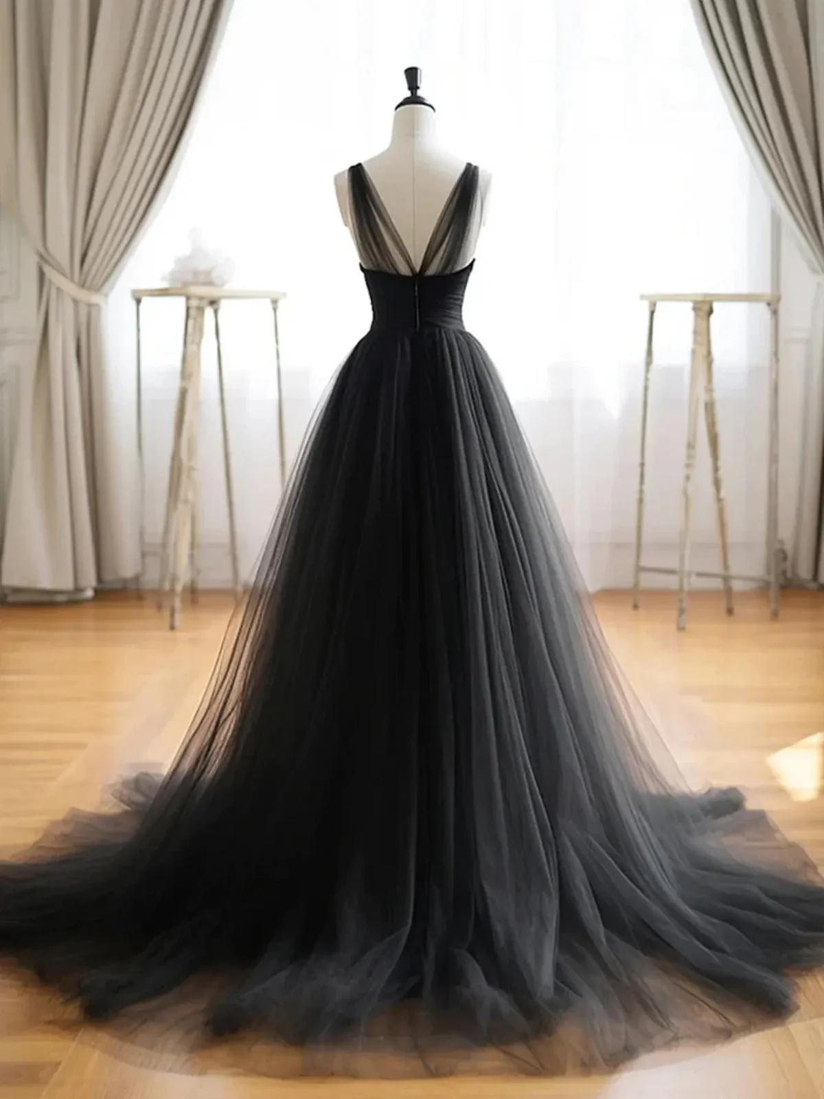 A Line V Neck Black Tulle Long Prom Dresses, Long Black Formal Graduation Evening Dresses SP2917