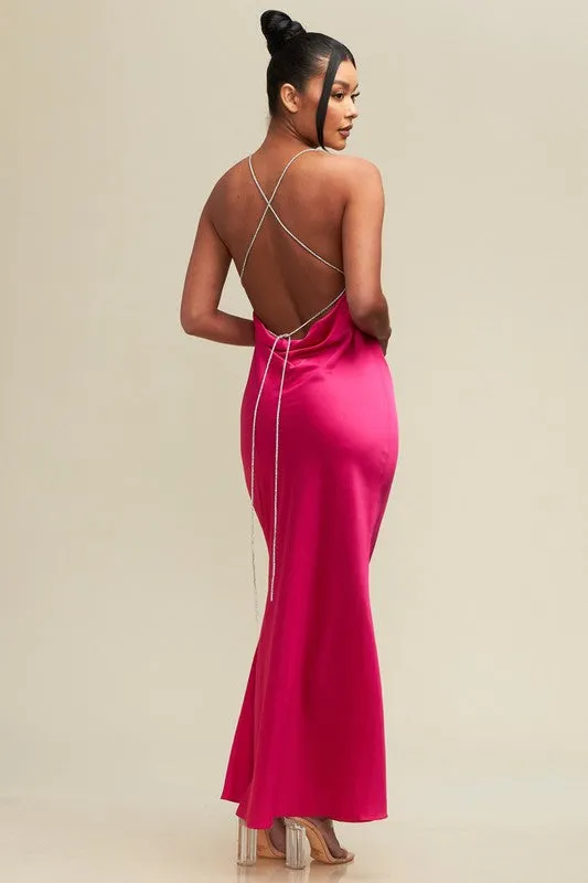 Aria Satin Rhinestone Strappy Slip Maxi Gown Dress - Berry