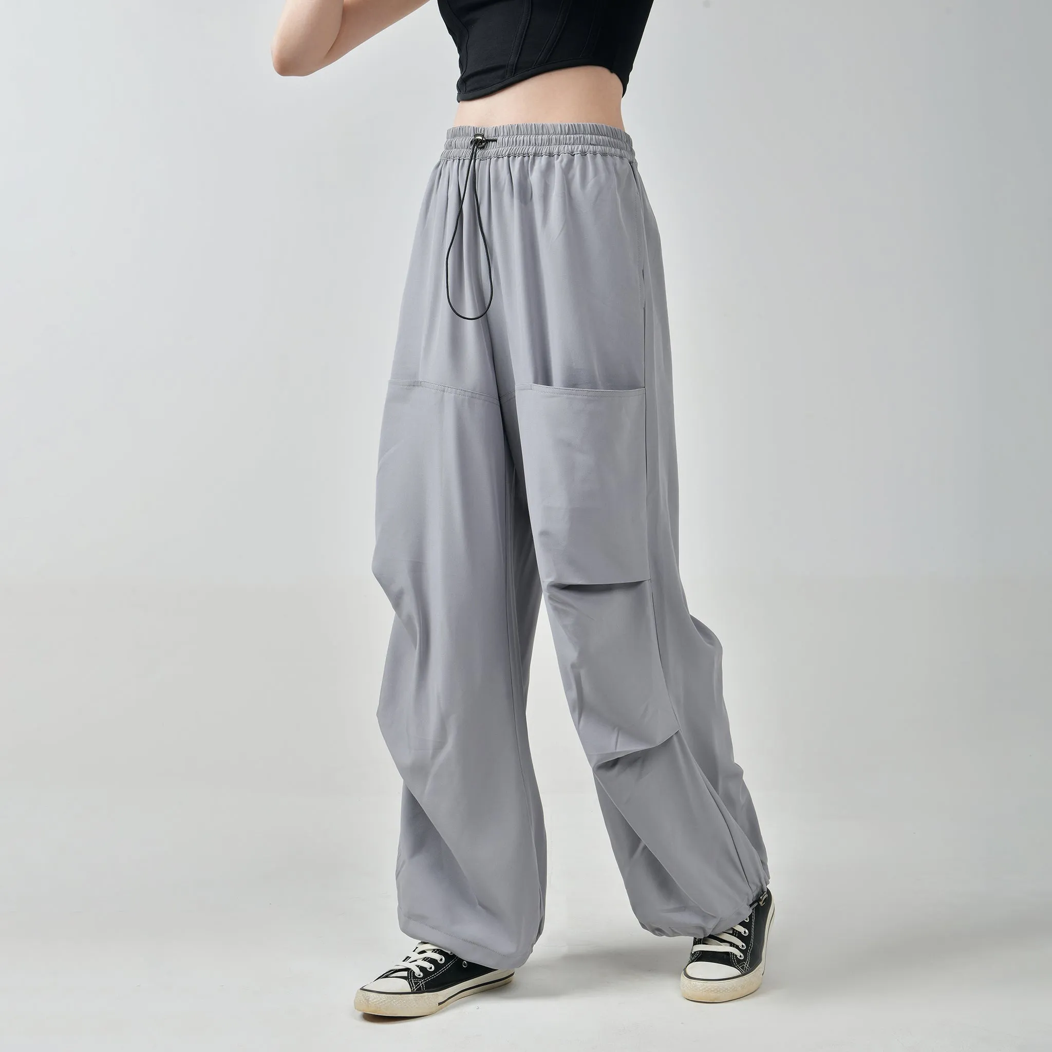 Black Buckle Top & Grey Air Parachute Pants