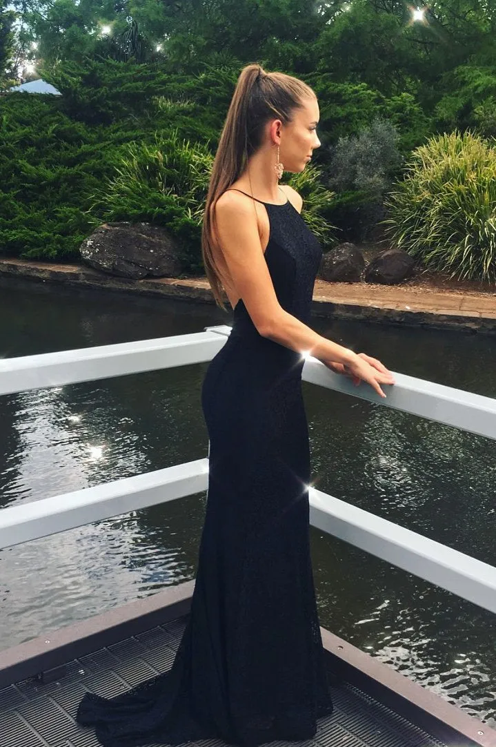 Black Lace Halter Sheath Prom Dress with Backless Design and Long Length, PD2303151