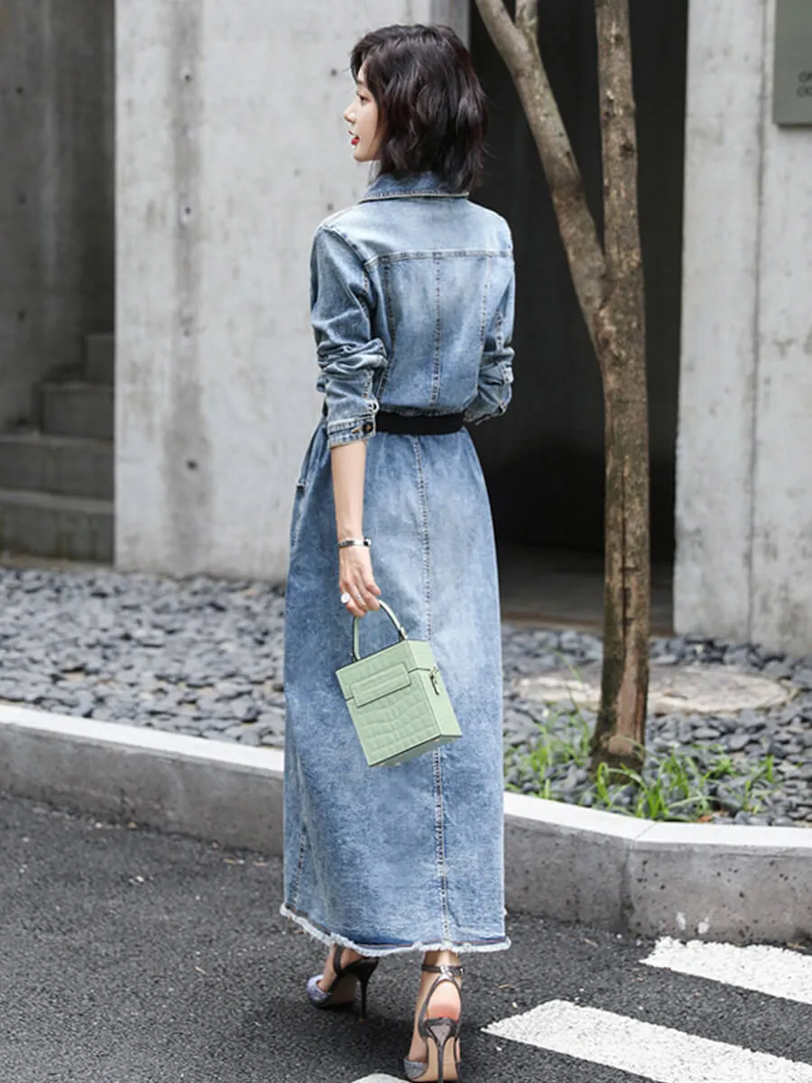 Blue Denim Stretch Slim Fit Midi Trumpet Dress