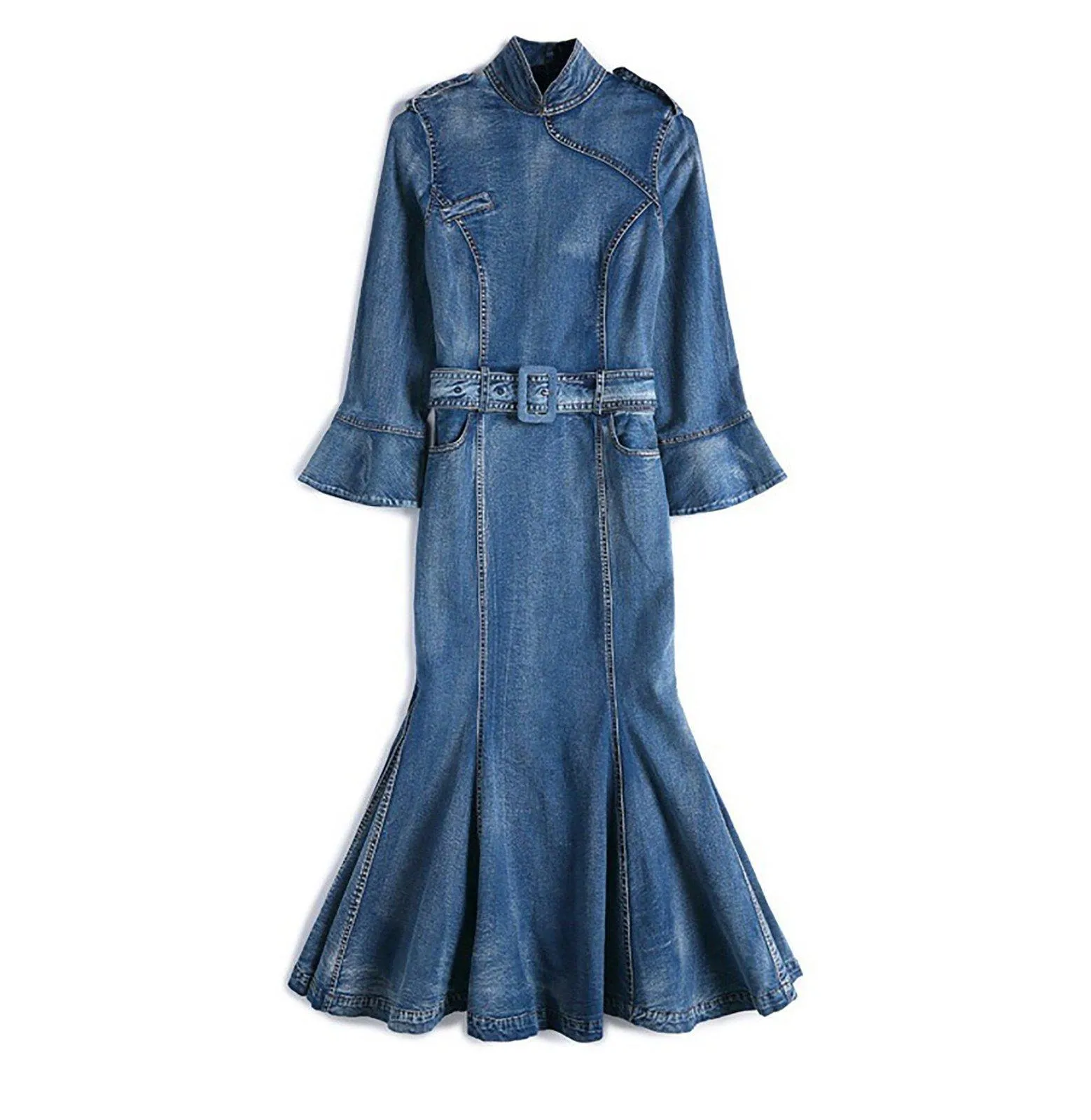 Blue Denim Stretch Slim Fit Midi Trumpet Dress