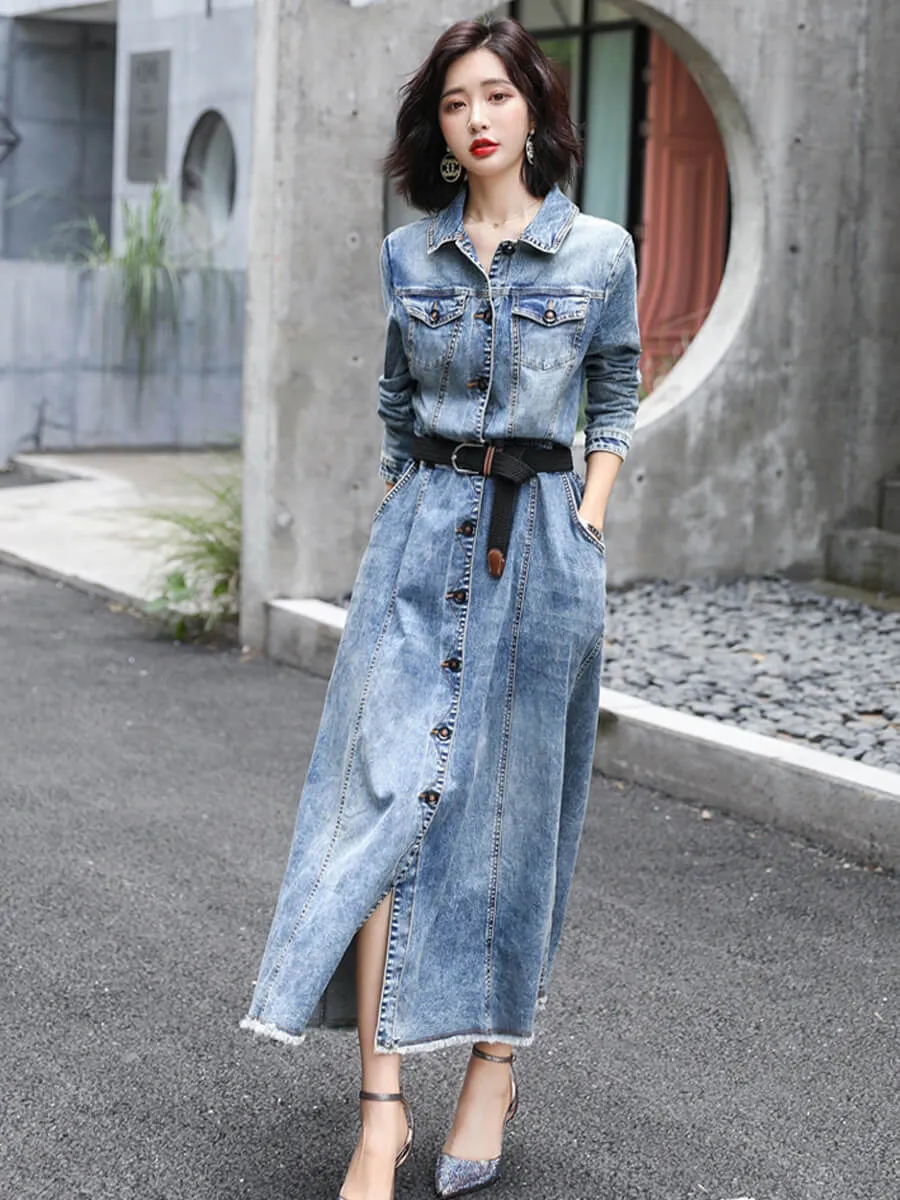 Blue Denim Stretch Slim Fit Midi Trumpet Dress