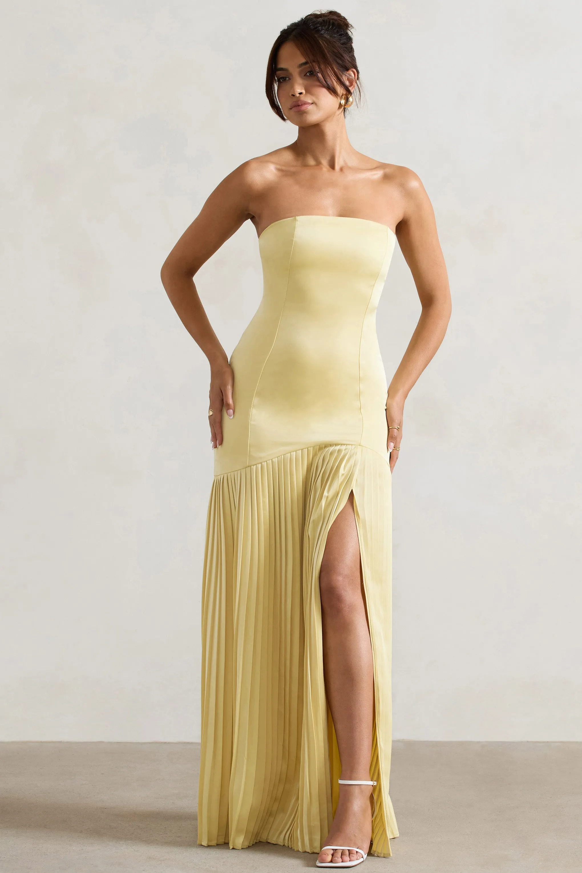 Confidence | Lemon Satin Bandeau Pleated Split Maxi Dress