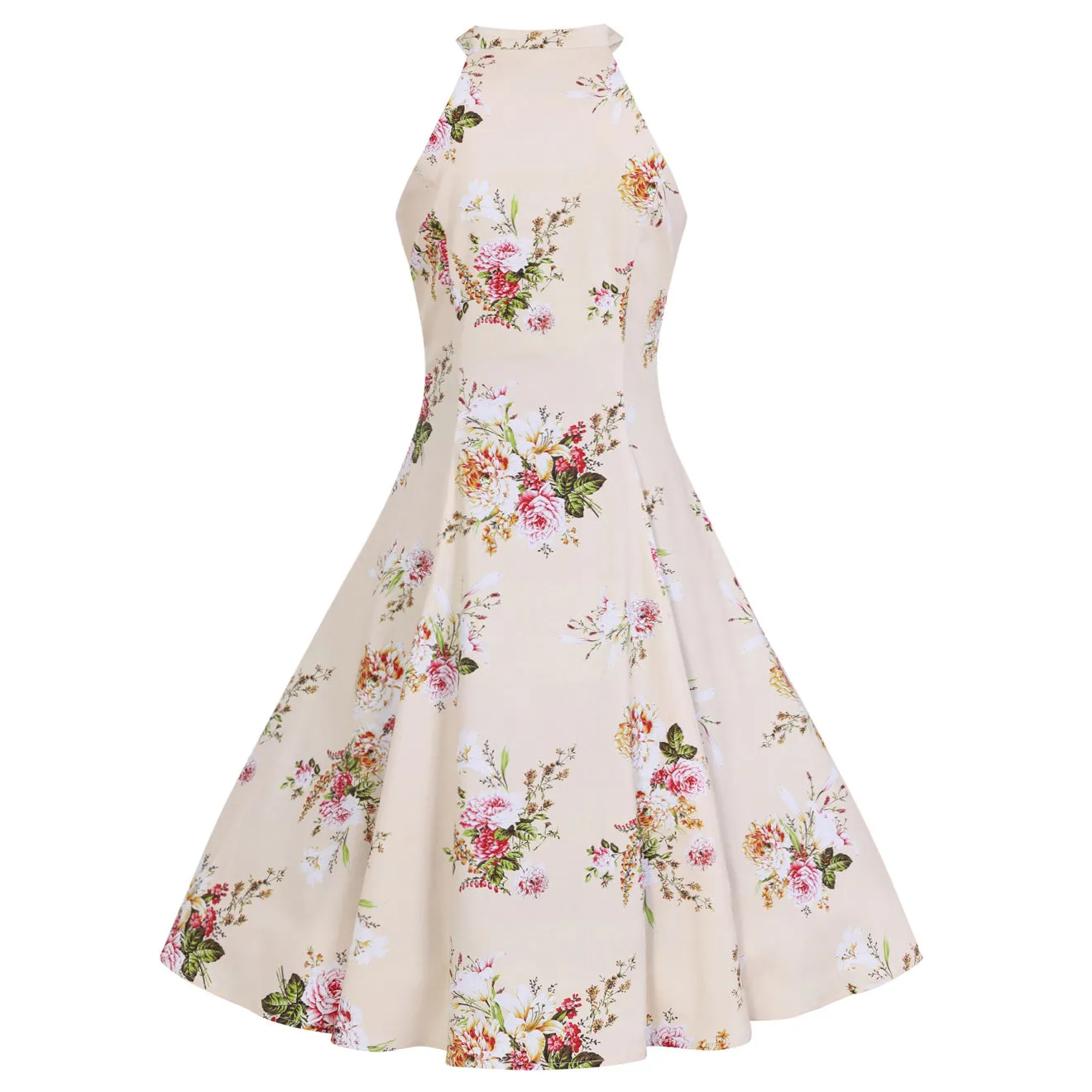 Cream And Floral Print Halter Neck 50s Swing Dress