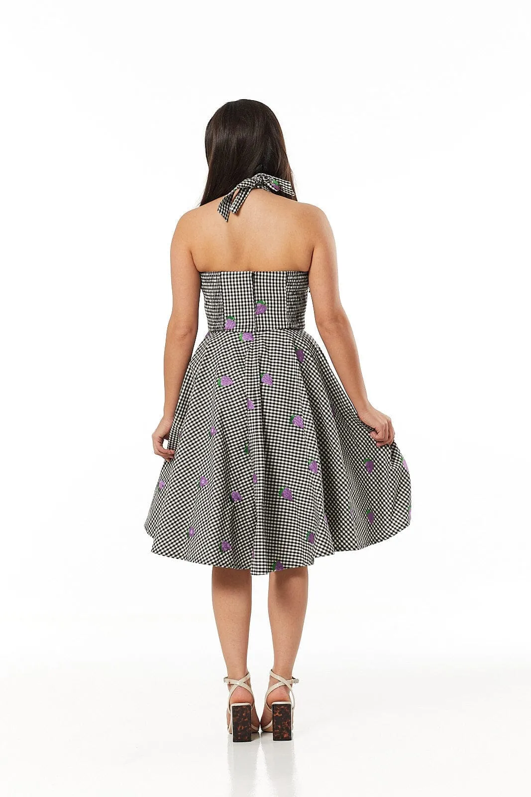 Danica Gingham Swing Halter Neck Swing Dress with Embroid