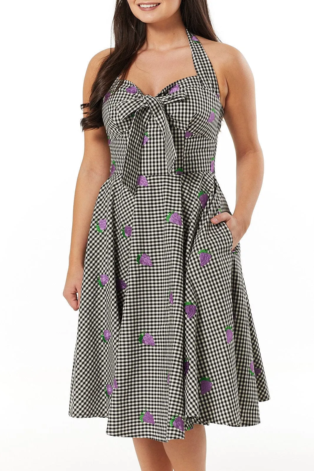 Danica Gingham Swing Halter Neck Swing Dress with Embroid