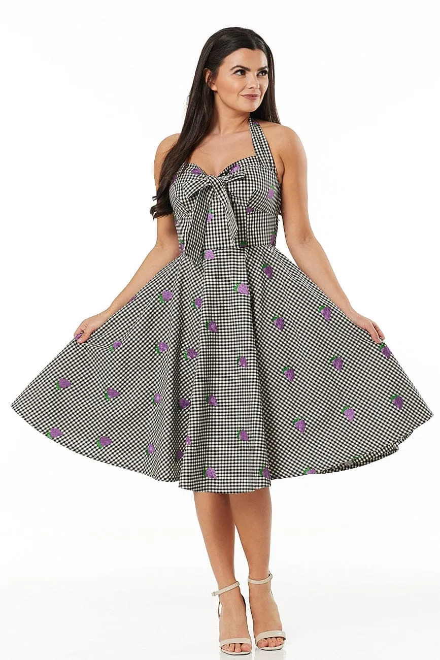 Danica Gingham Swing Halter Neck Swing Dress with Embroid