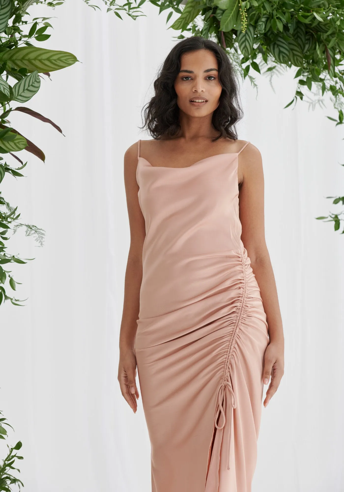 Estelle Ruched Satin Slip Dress - Rose Pink