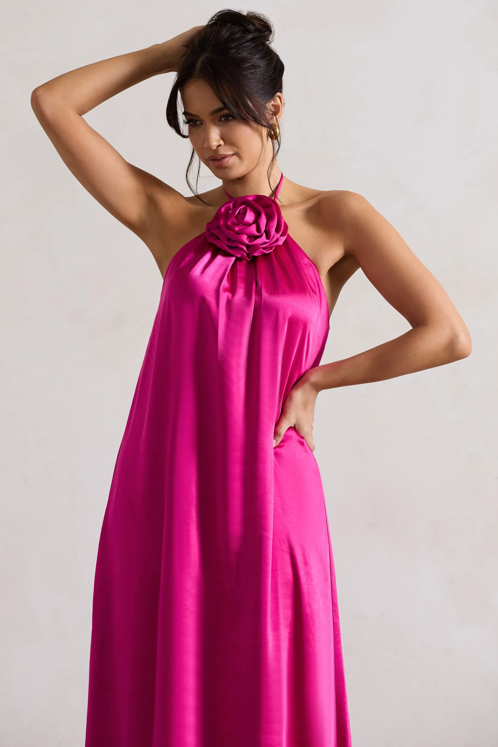 Everleigh | Dark Pink Satin Relaxed Fit Maxi Column Dress With Corsage