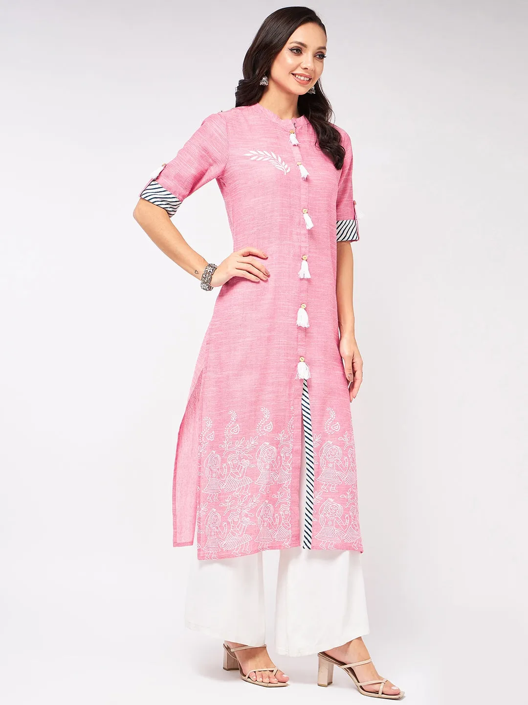 Front Tassel Printed Chambray Kurta