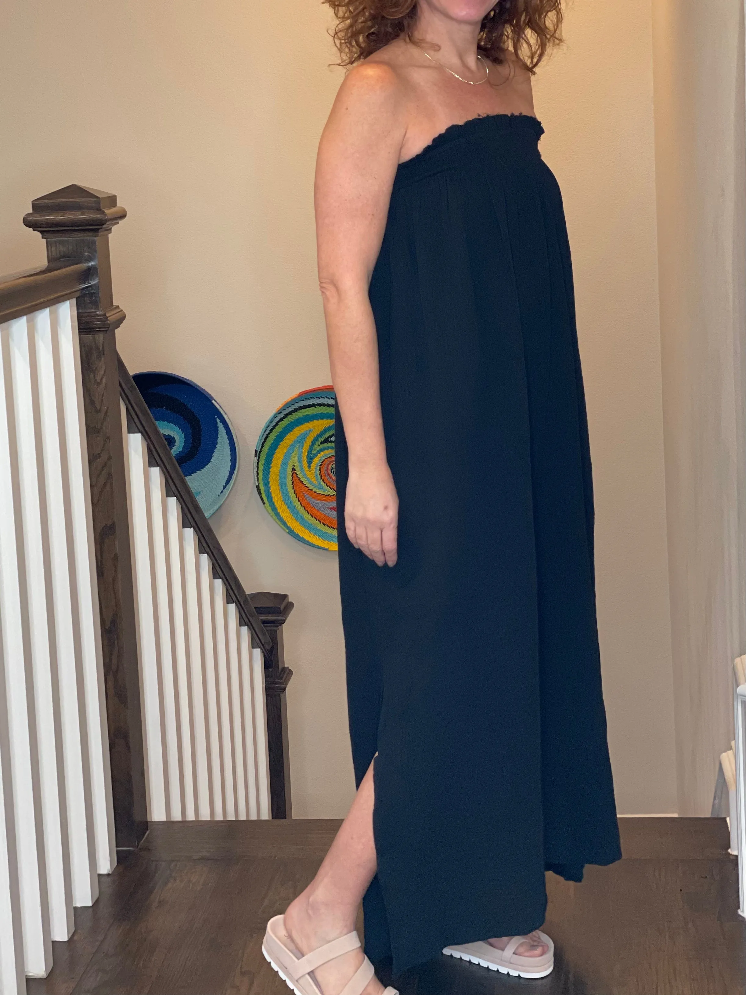 Gauze Shirred Babydoll Strapless Maxi Dress in Black