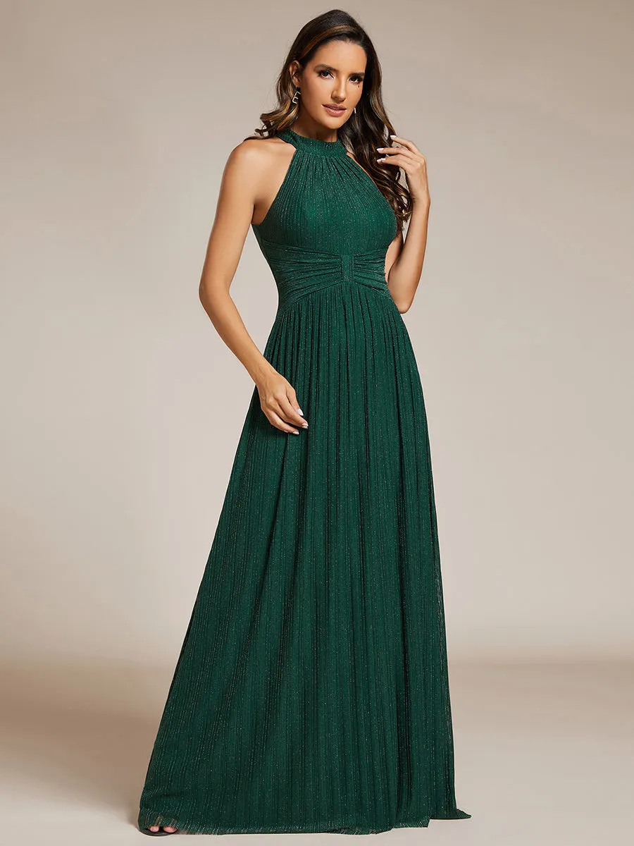 Glittery Halter Neck Pleated Formal  Evening Dress