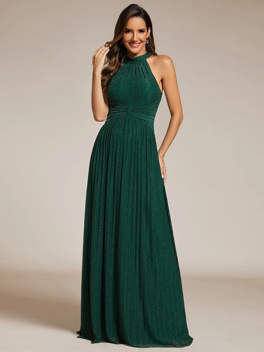 Glittery Halter Neck Pleated Formal  Evening Dress