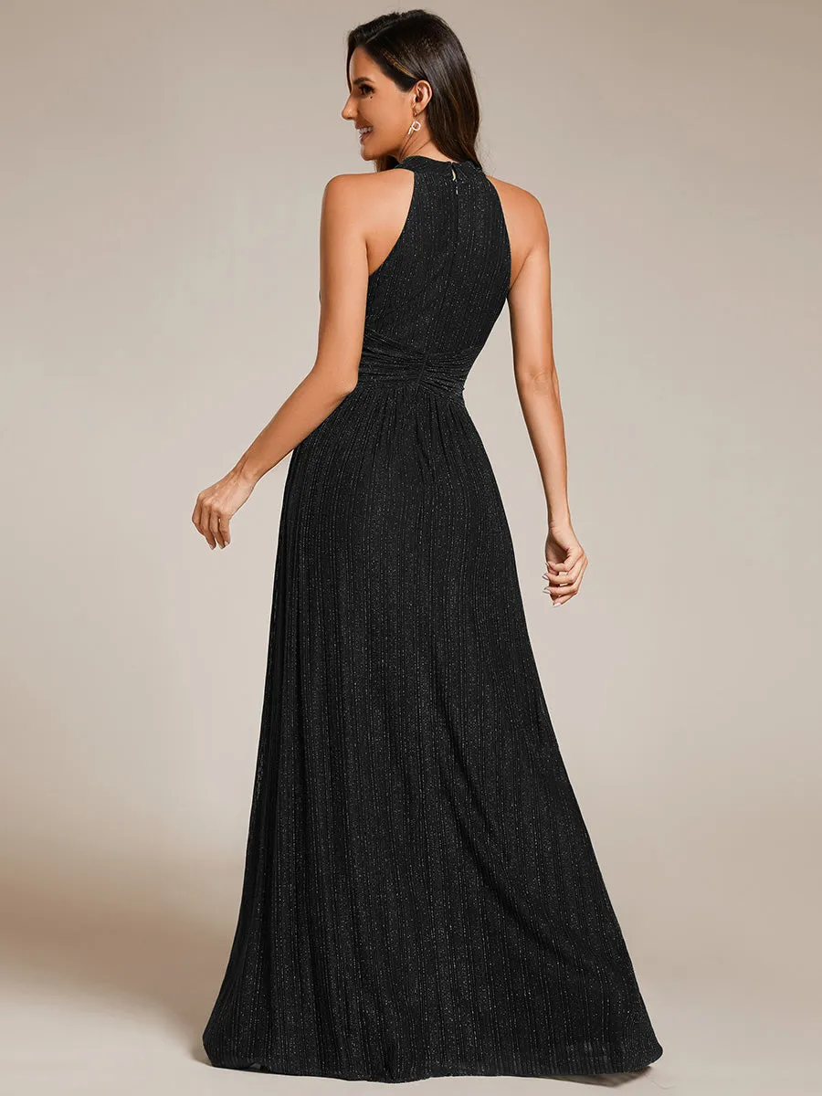 Glittery Halter Neck Pleated Formal  Evening Dress