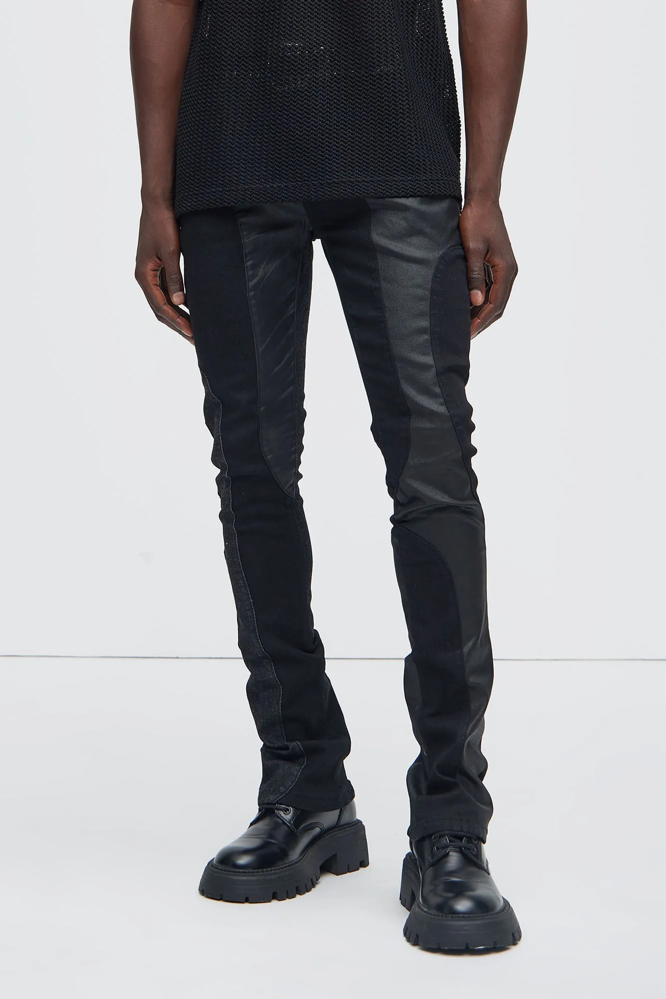 Go Down Waxed Skinny Flared Pants - Black