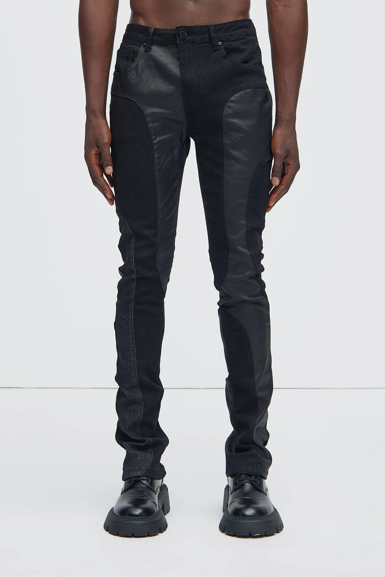 Go Down Waxed Skinny Flared Pants - Black