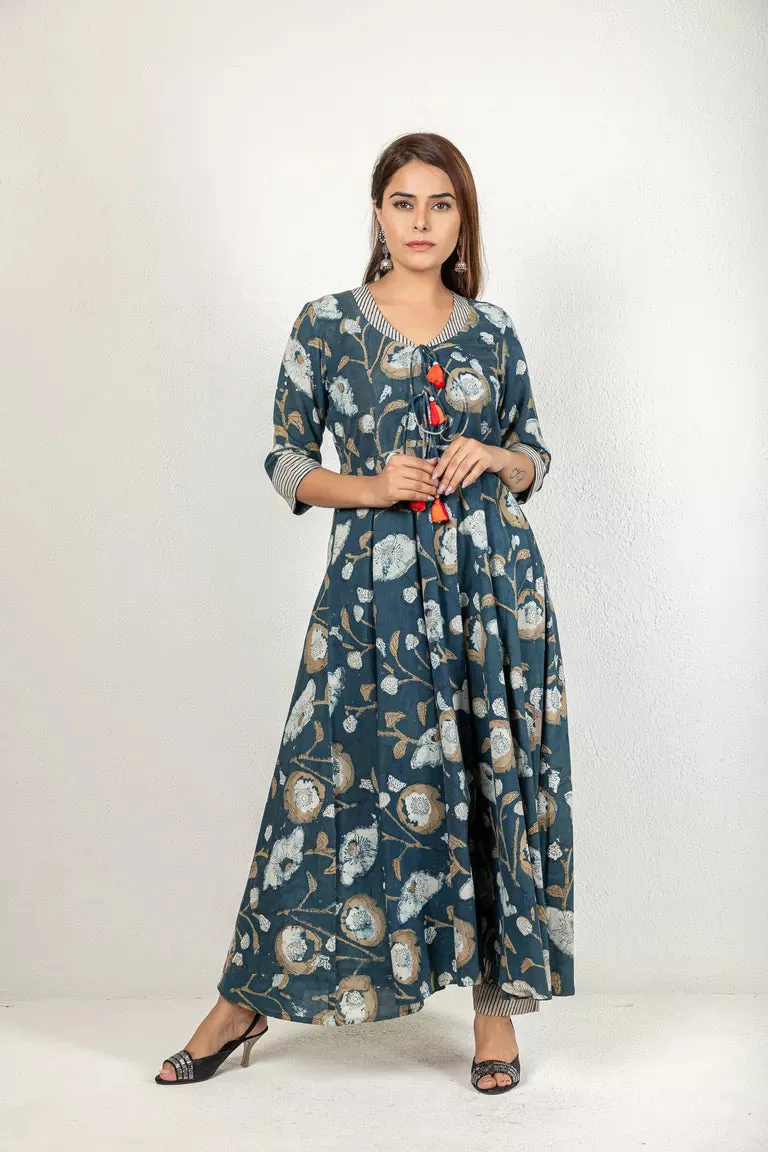 Indigo & Beige Hand Block Dabu Print Kurta With Pants Set