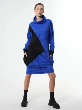 Long Sleeve Cotton Dress With Turtleneck in Blue