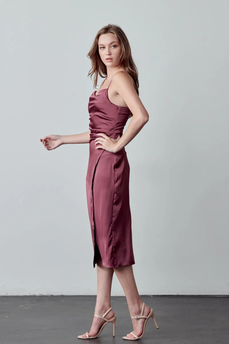 Maddy Satin Ruched Waist Slip Dress - Berry