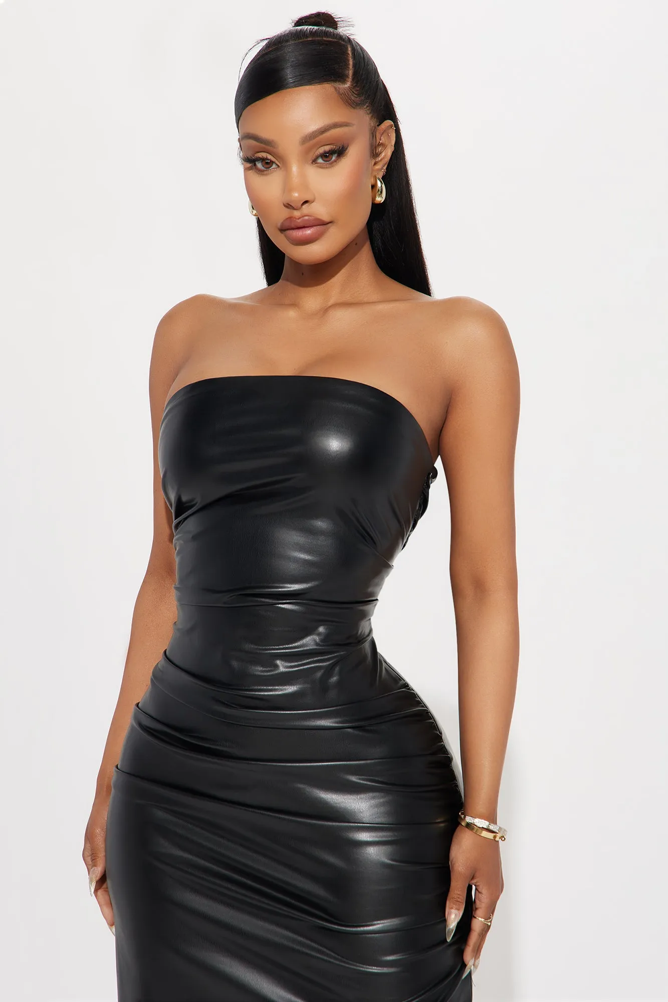 Midnight Baddie Leather Maxi Dress - Black