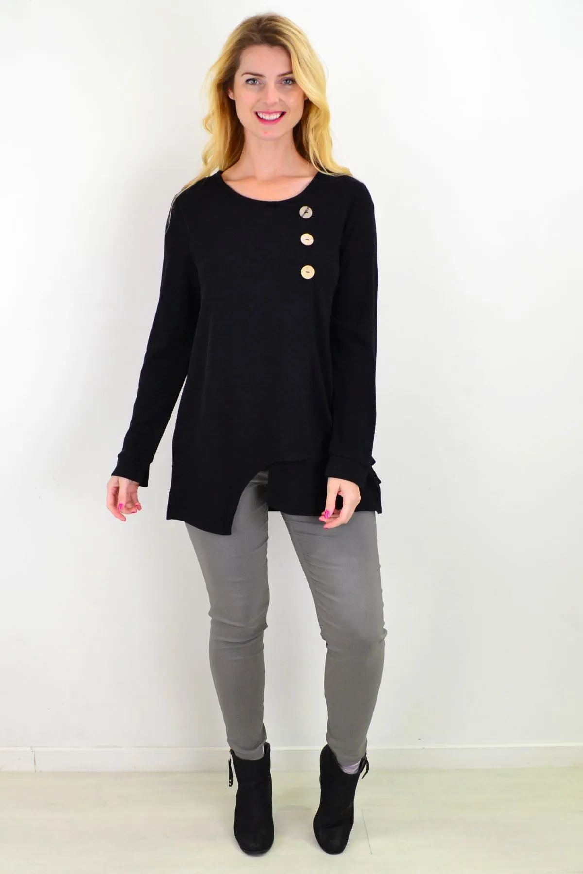 Midnight Black 3 Button Knit Tunic Top