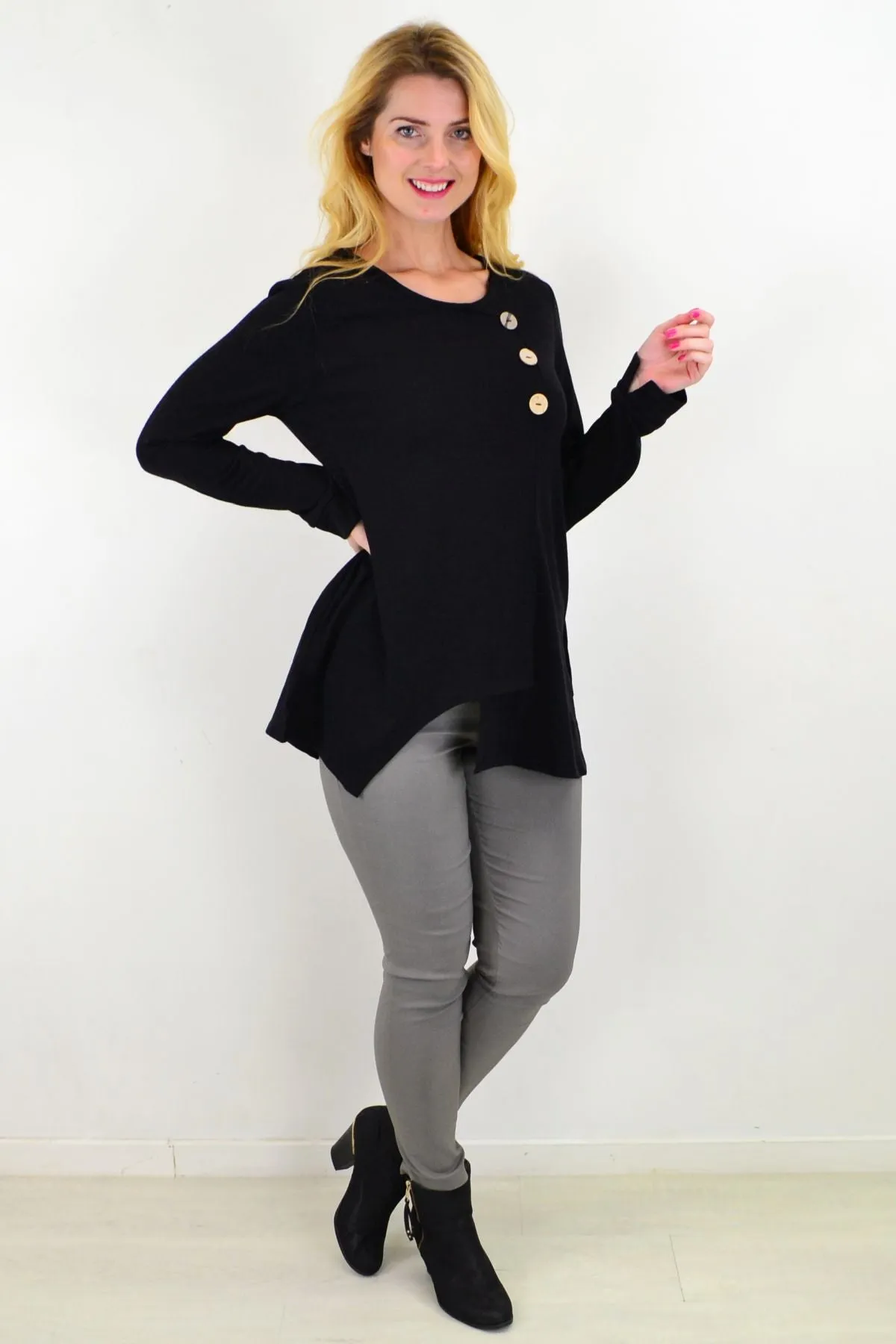 Midnight Black 3 Button Knit Tunic Top