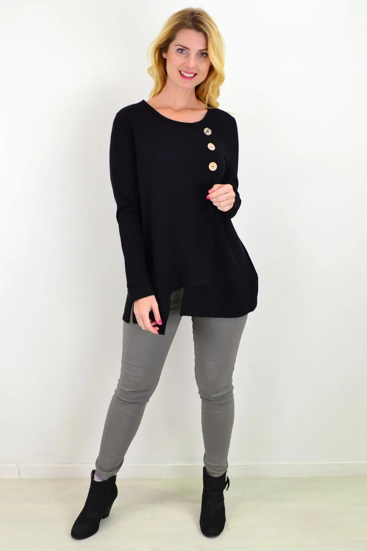 Midnight Black 3 Button Knit Tunic Top