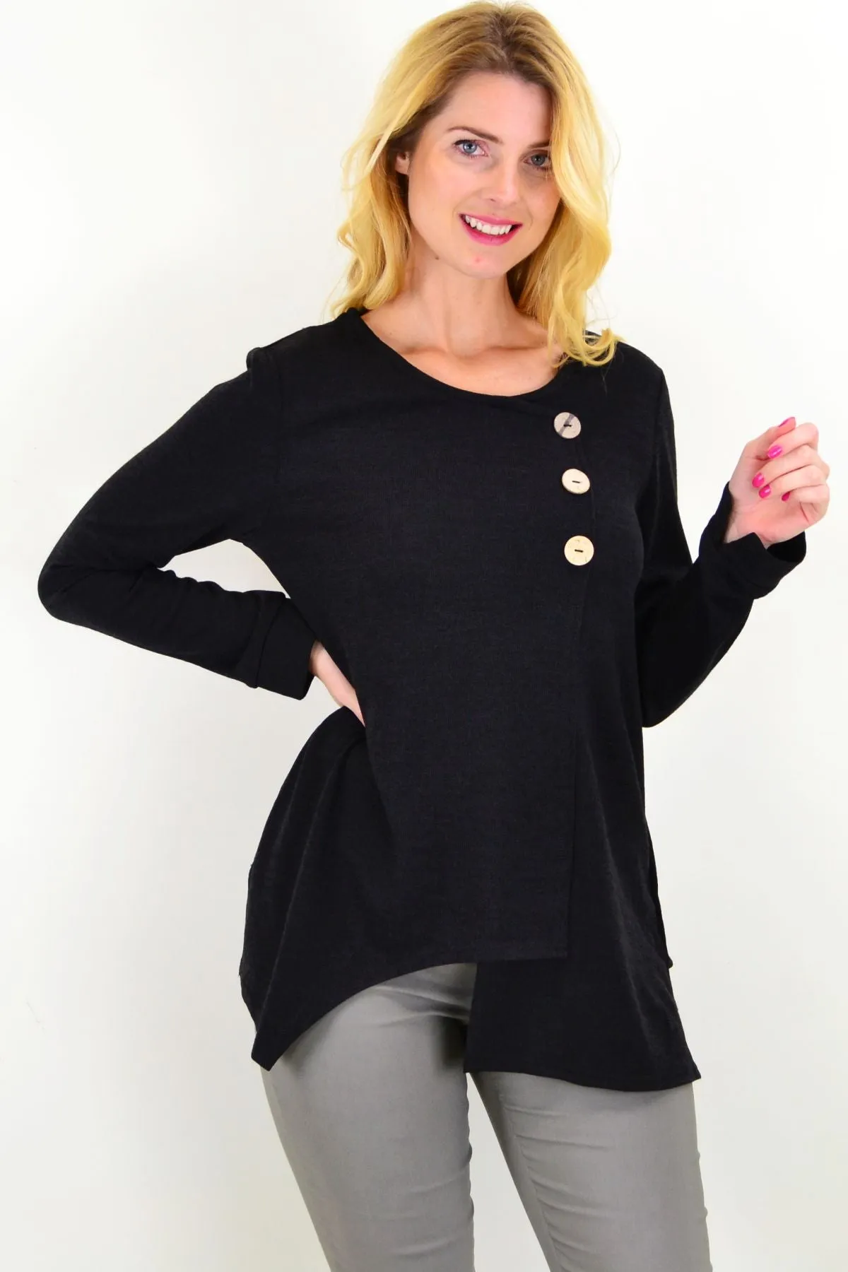 Midnight Black 3 Button Knit Tunic Top