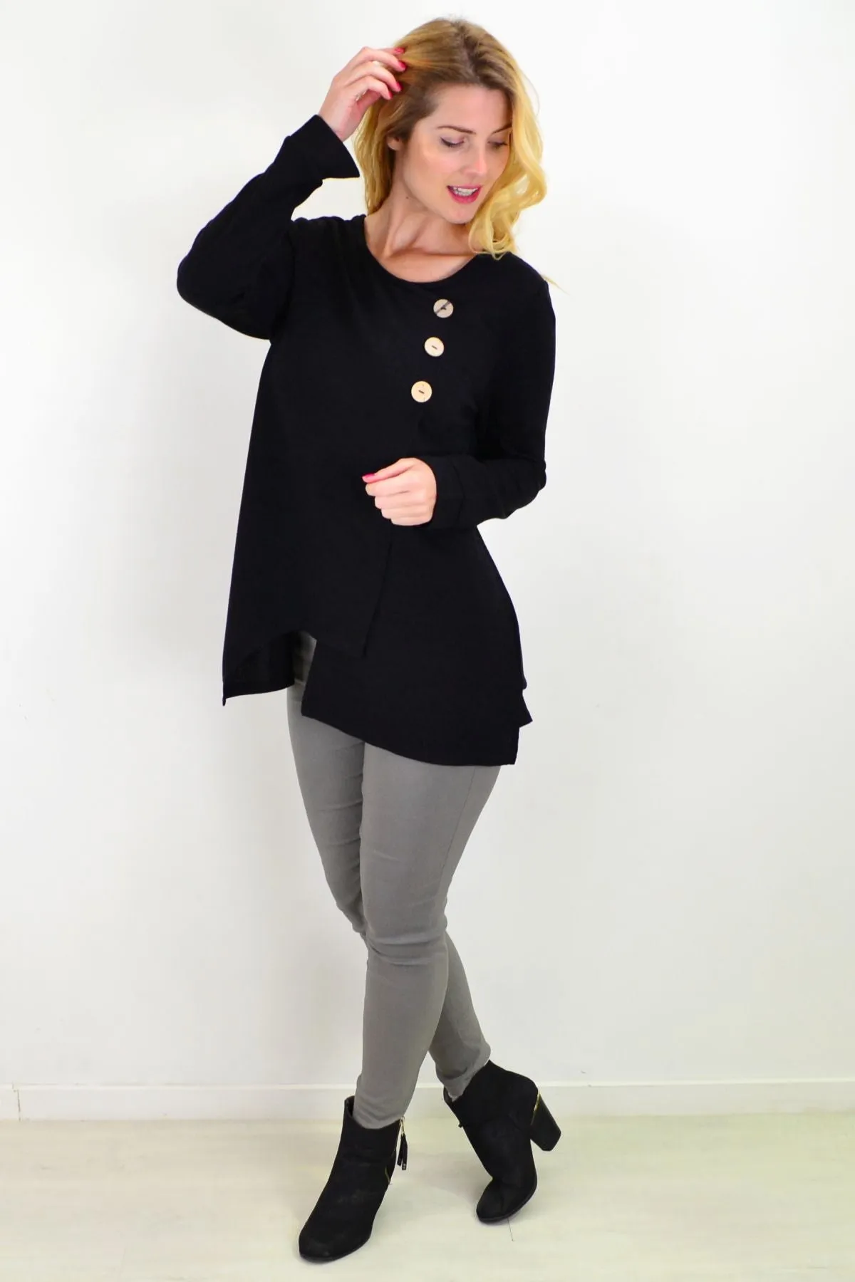 Midnight Black 3 Button Knit Tunic Top