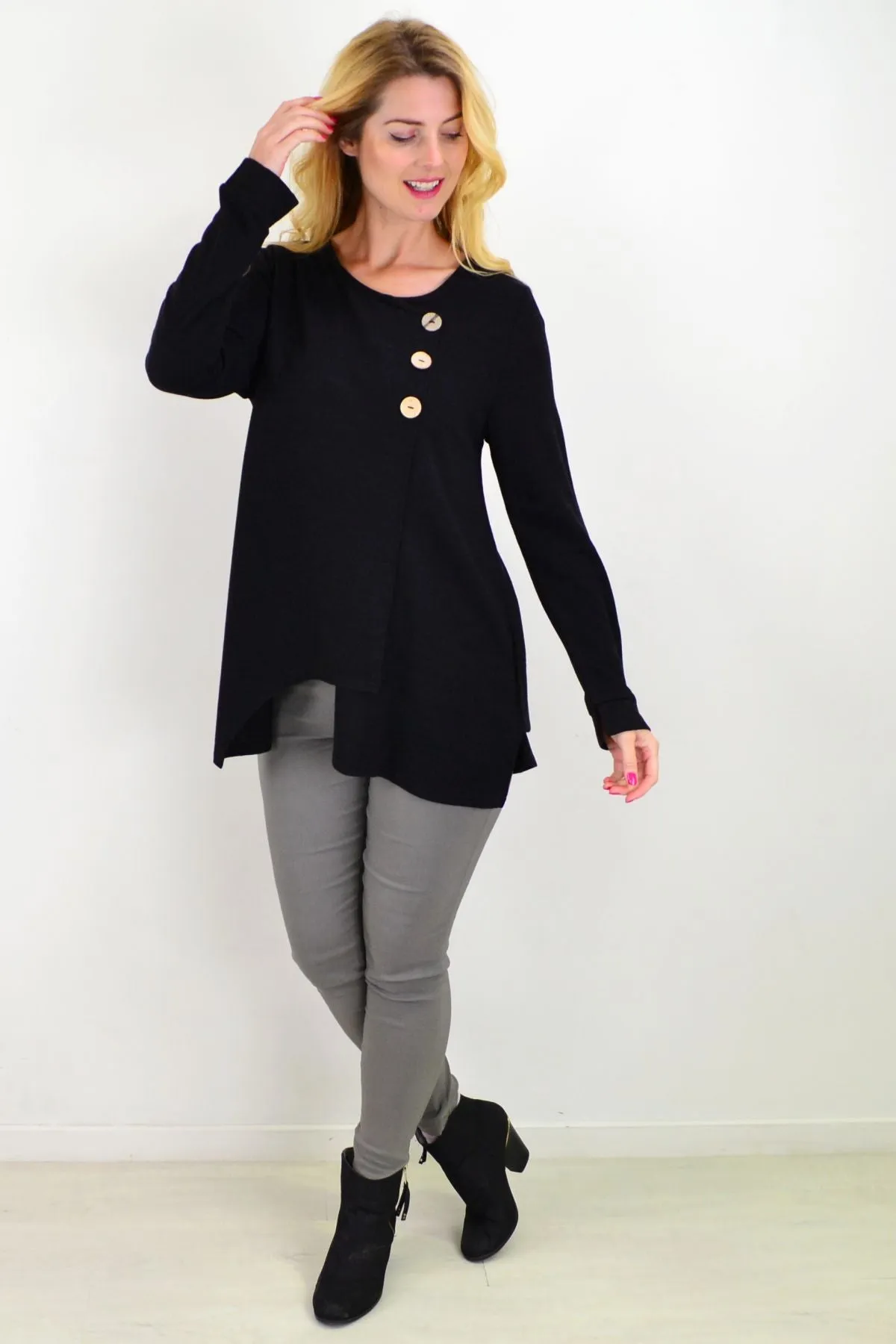 Midnight Black 3 Button Knit Tunic Top