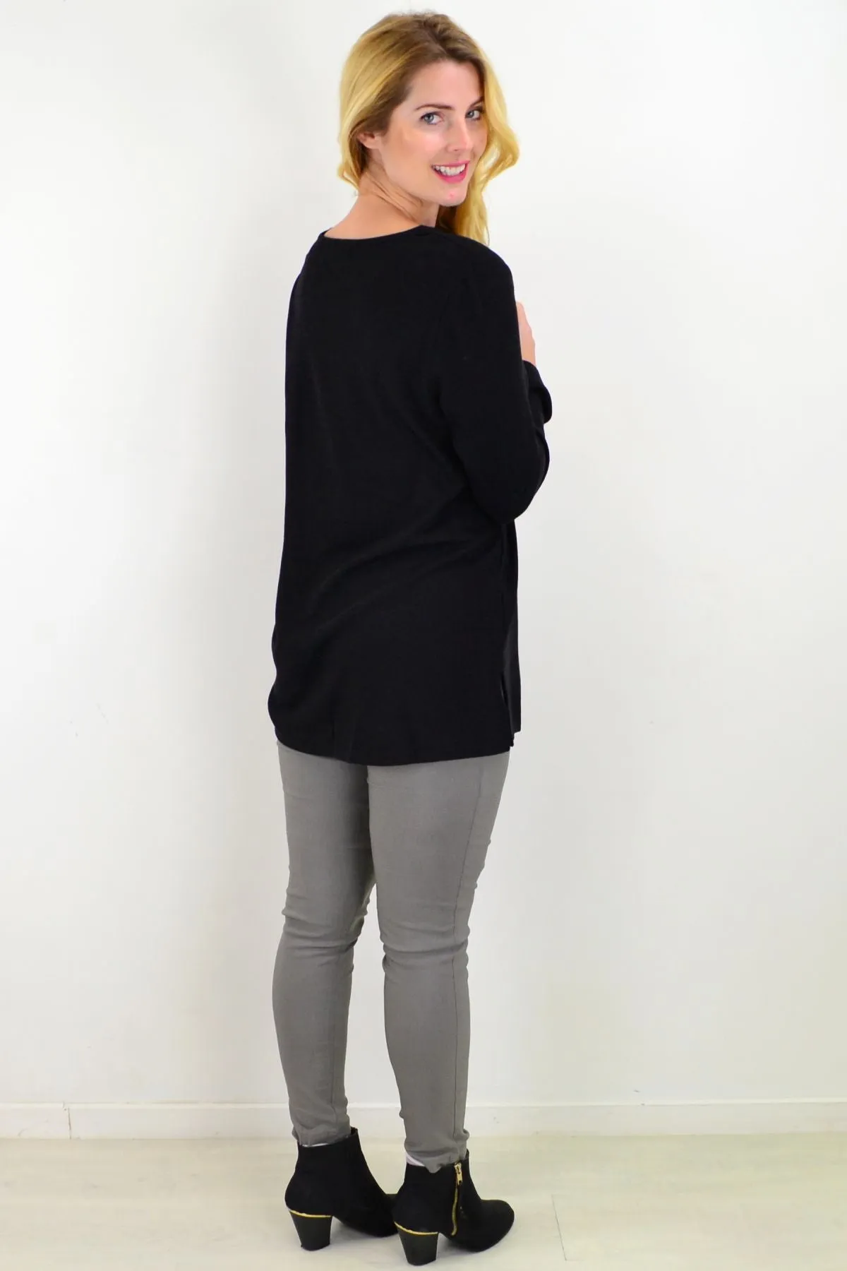 Midnight Black 3 Button Knit Tunic Top