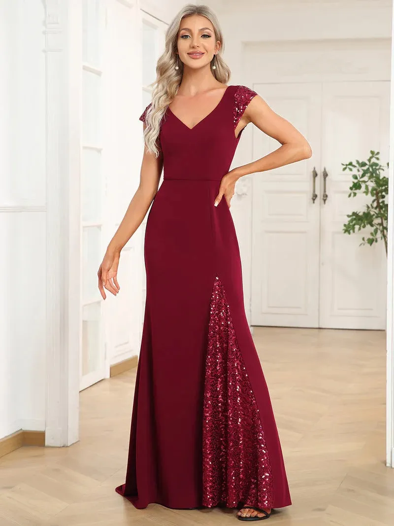 Sleeveless Deep V Neck Fishtail Floor Length Evening Dresses