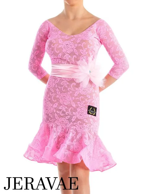 Victoria Blitz Lace Latin Dress with V-Neck, 3/4 Sleeves, and Wide Ribbon Belt Available in 6 Colors PRA 749 in Stock