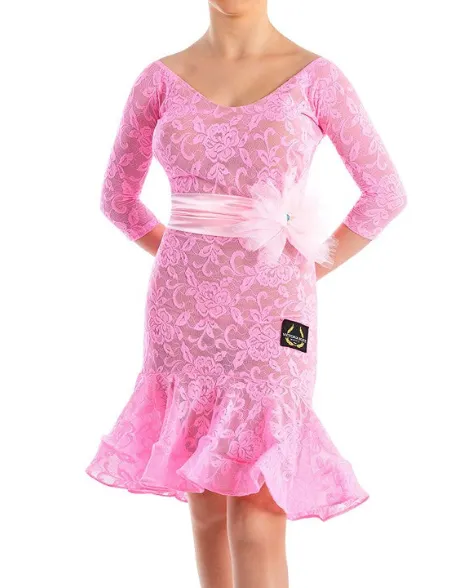 Victoria Blitz Lace Latin Dress with V-Neck, 3/4 Sleeves, and Wide Ribbon Belt Available in 6 Colors PRA 749 in Stock