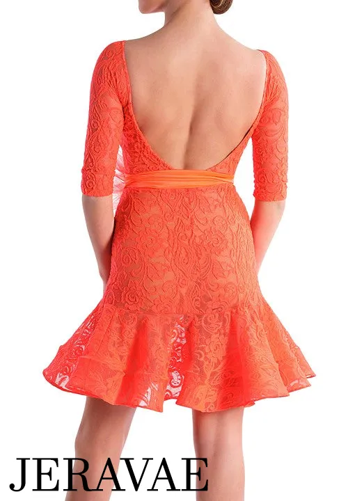 Victoria Blitz Lace Latin Dress with V-Neck, 3/4 Sleeves, and Wide Ribbon Belt Available in 6 Colors PRA 749 in Stock