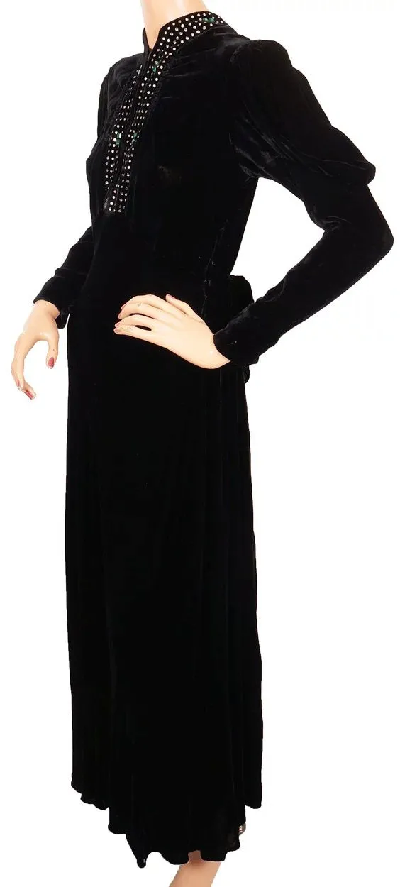 Vintage 1930s Black Velvet Dress - Rhinestones - Leg of mutton Sleeves