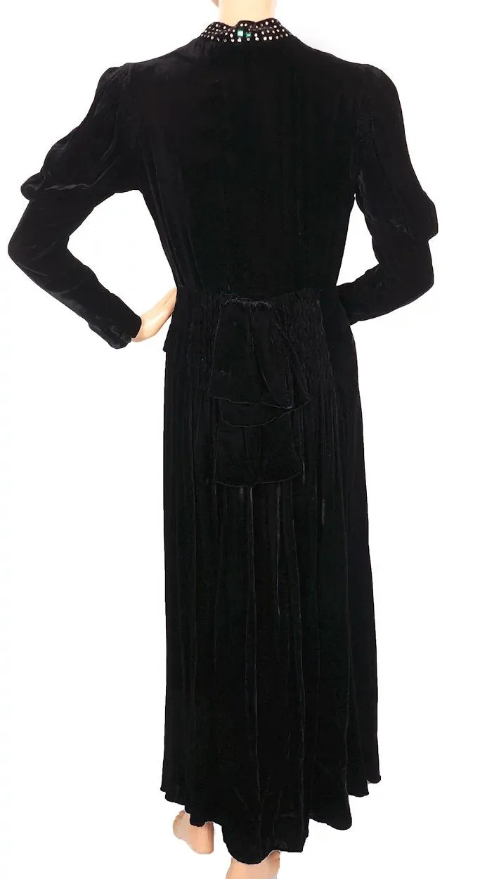 Vintage 1930s Black Velvet Dress - Rhinestones - Leg of mutton Sleeves