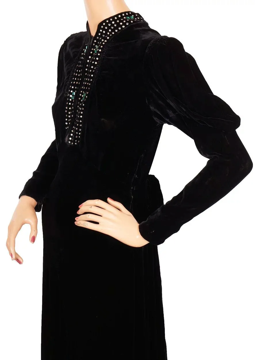 Vintage 1930s Black Velvet Dress - Rhinestones - Leg of mutton Sleeves