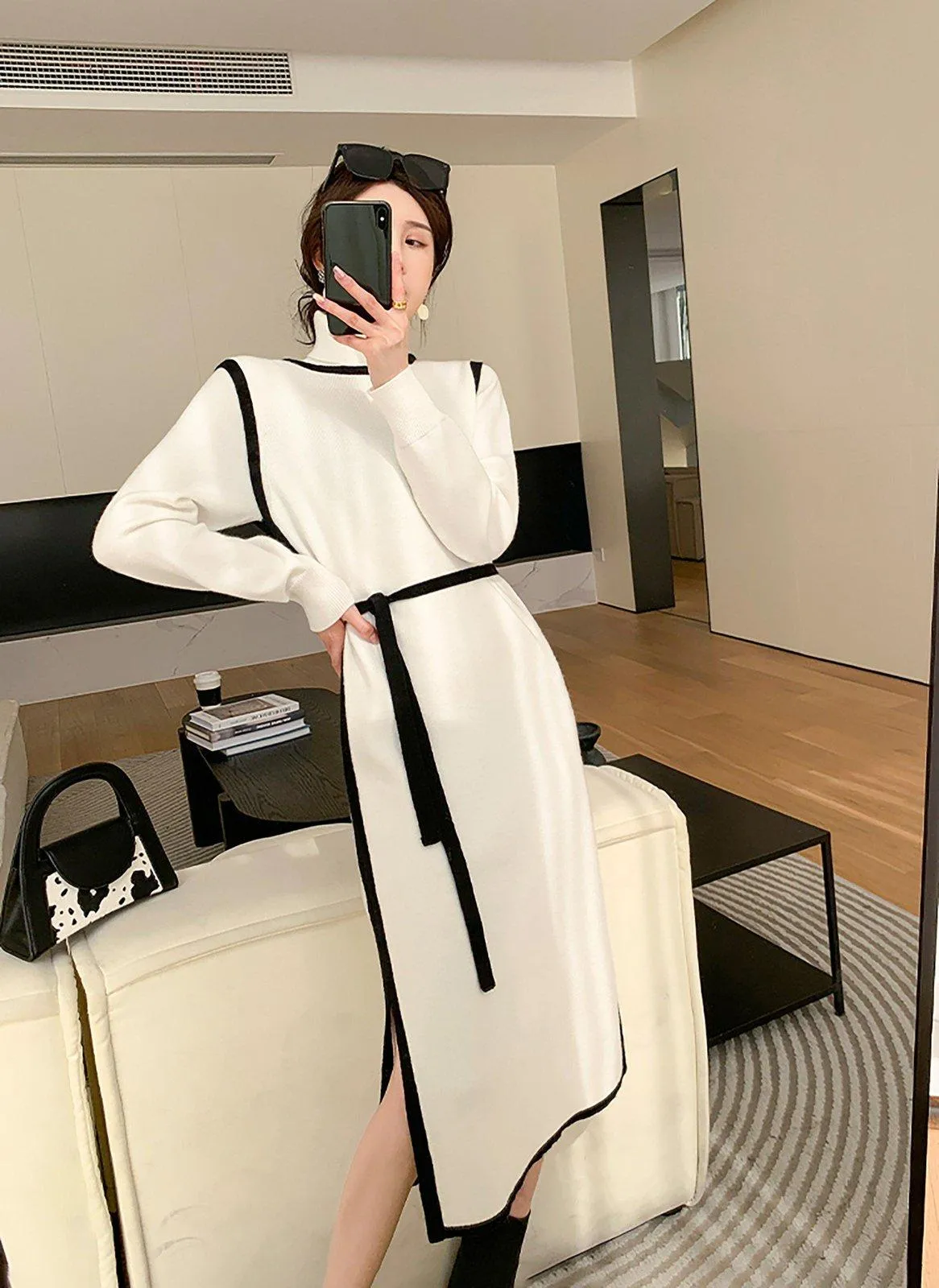 White Elastic Knit Mock Neck Midi Sweater Dress