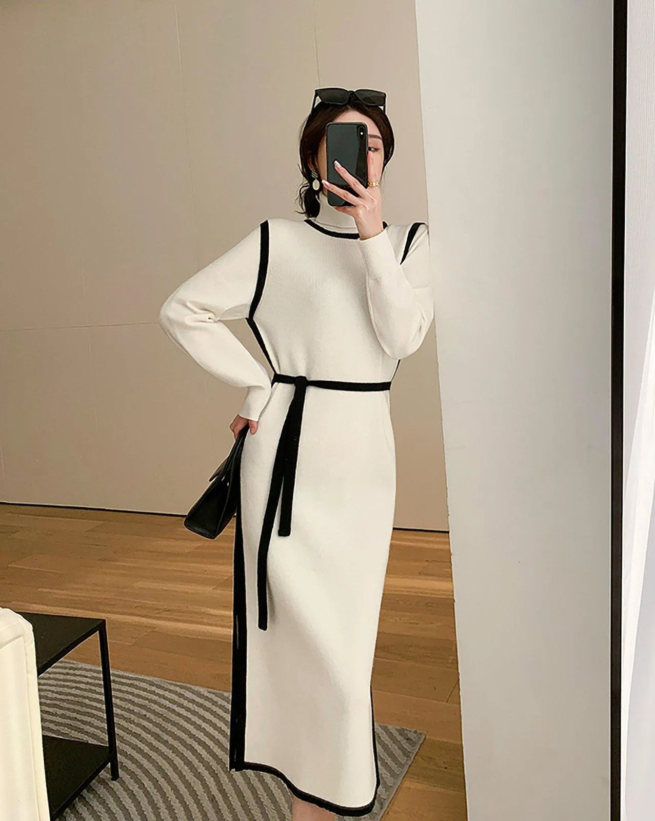 White Elastic Knit Mock Neck Midi Sweater Dress