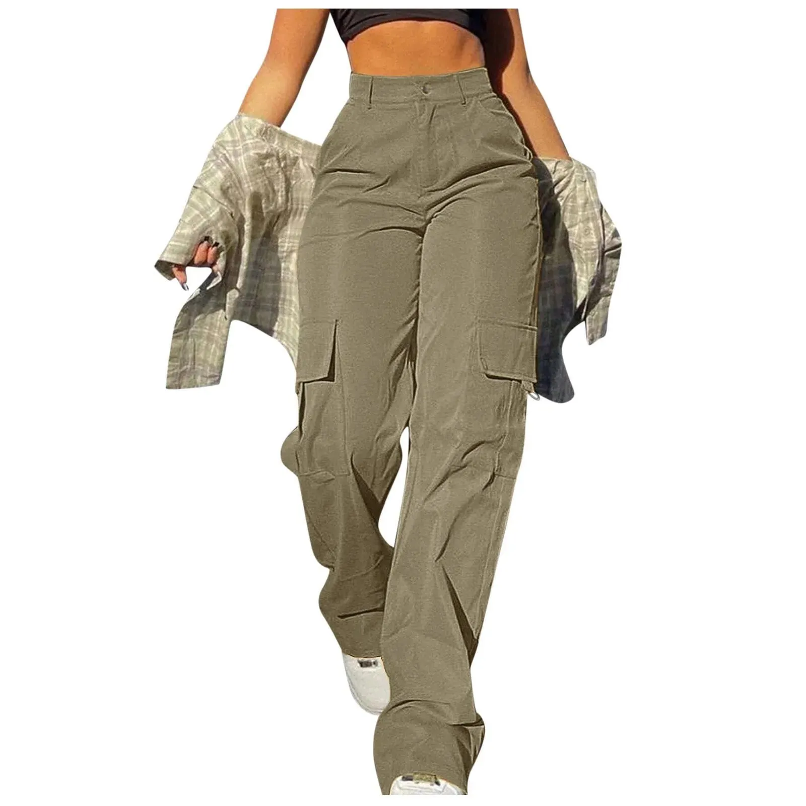 Women's High Waisted Wide Leg Twill Pants Casual Straight Chinos